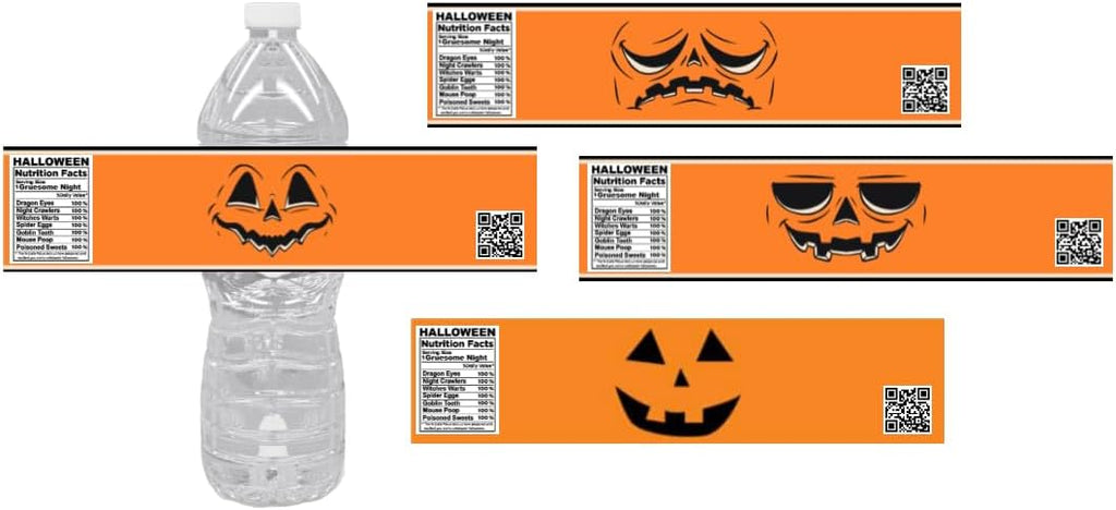Halloween Water Bottle Labels, Jack O'Lantern Faces Design, Orange Nutrition Facts Theme, Set of 12