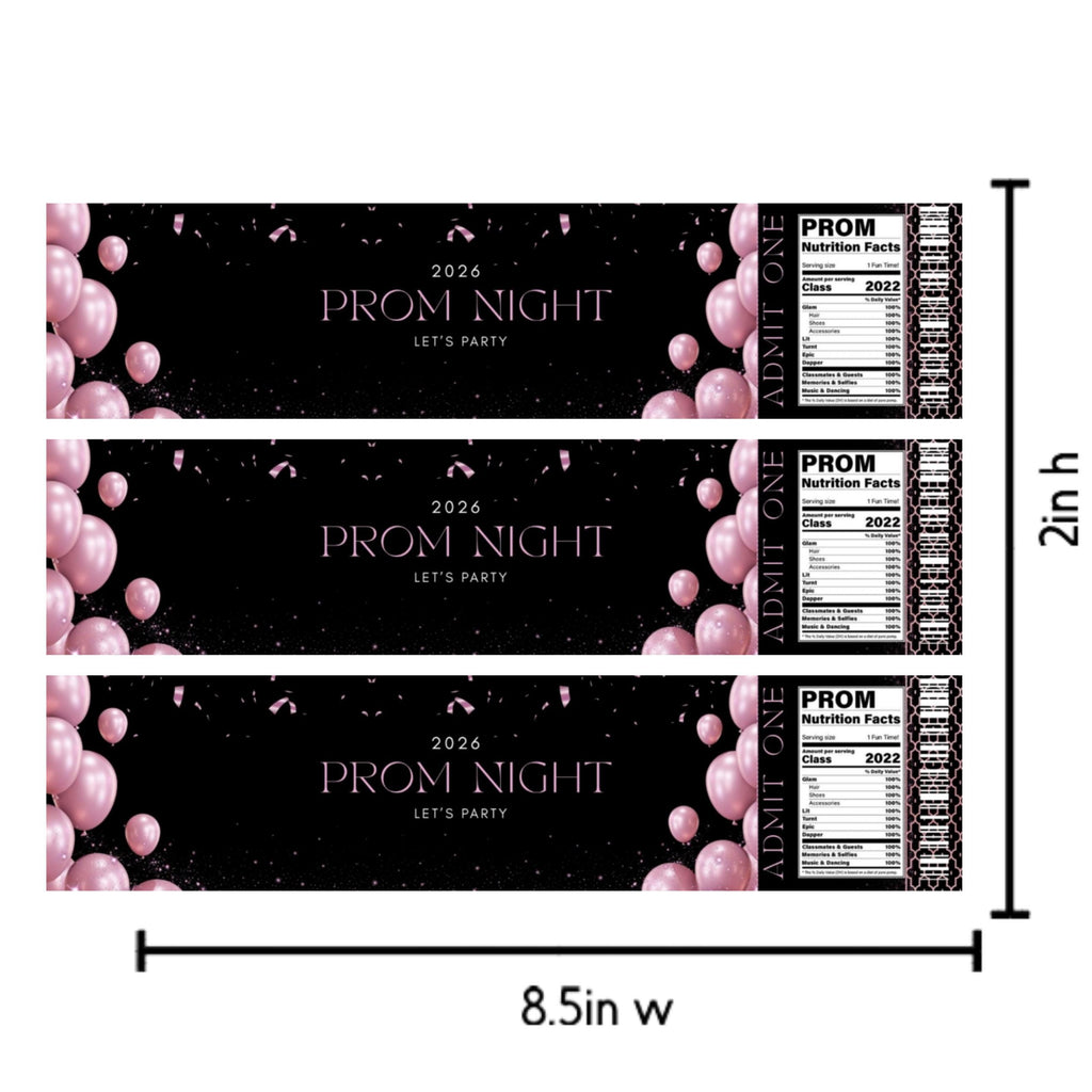 2026 Prom Night Water Bottle Labels | Black Pink Balloon Party Decor | Set of 12|Celebration Table favors