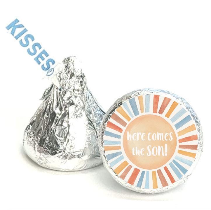 Here Comes the Son Baby Shower Chocolate Candy Labels | 0.75" Round Stickers |Peach Sunburst| 100ct|Gender Reveal Favors