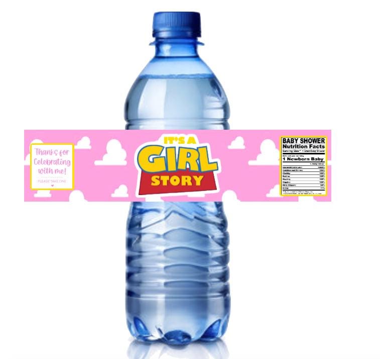 Baby Shower Water Bottle Labels, It's a Girl Story Theme, Pink Cloud Design, 8.5