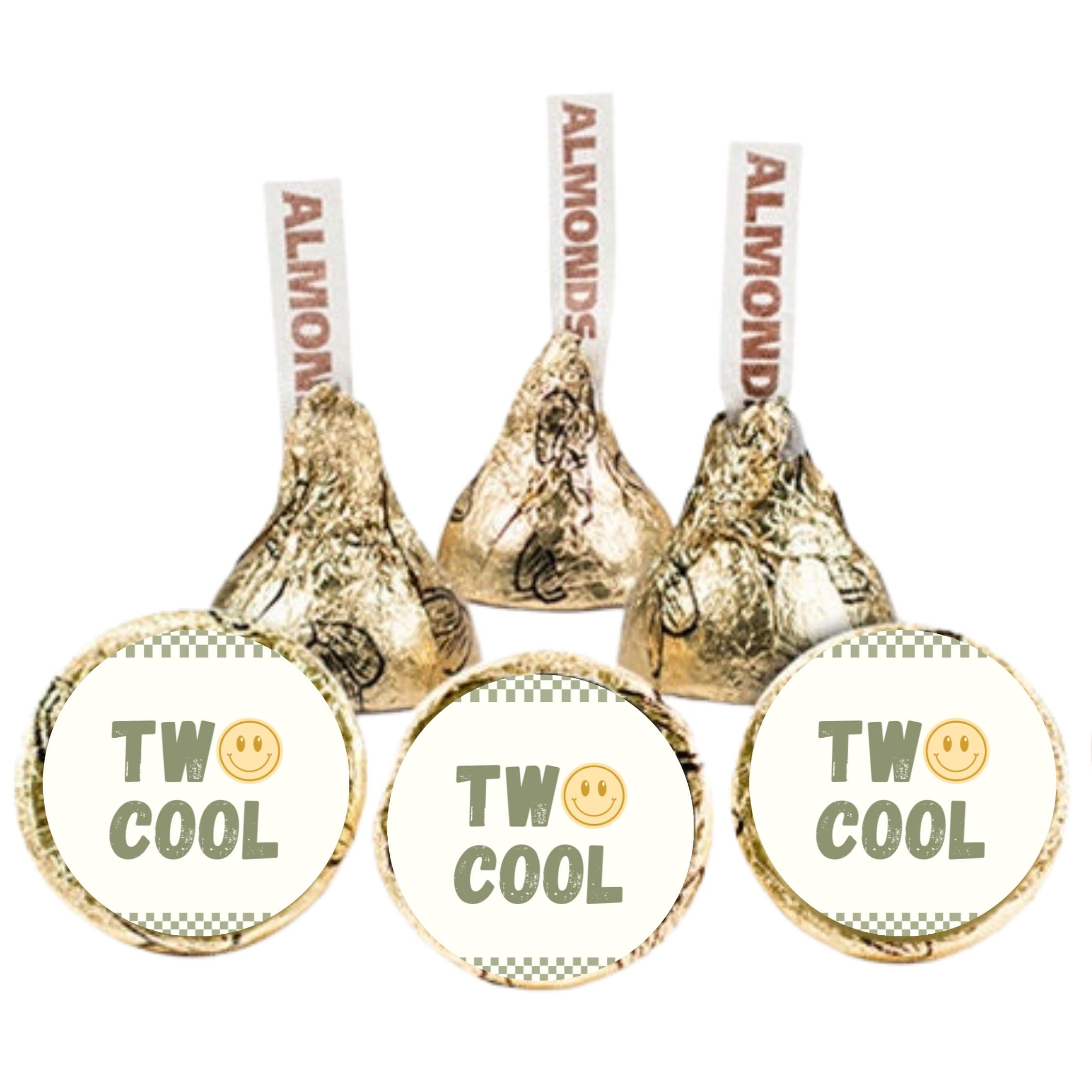 Two Cool Birthday Stickers | 100 Chocolate Candy Kiss Labels | Glossy 0.75in Peel & Stick | Smiley Face