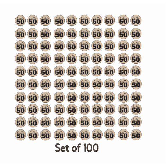 Hello 50 Birthday Chocolate Stickers | 0.75" Round, Set of 100