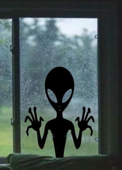 Alien Silhouette Window Decal, Large and Reusable Halloween Static Cling, Black