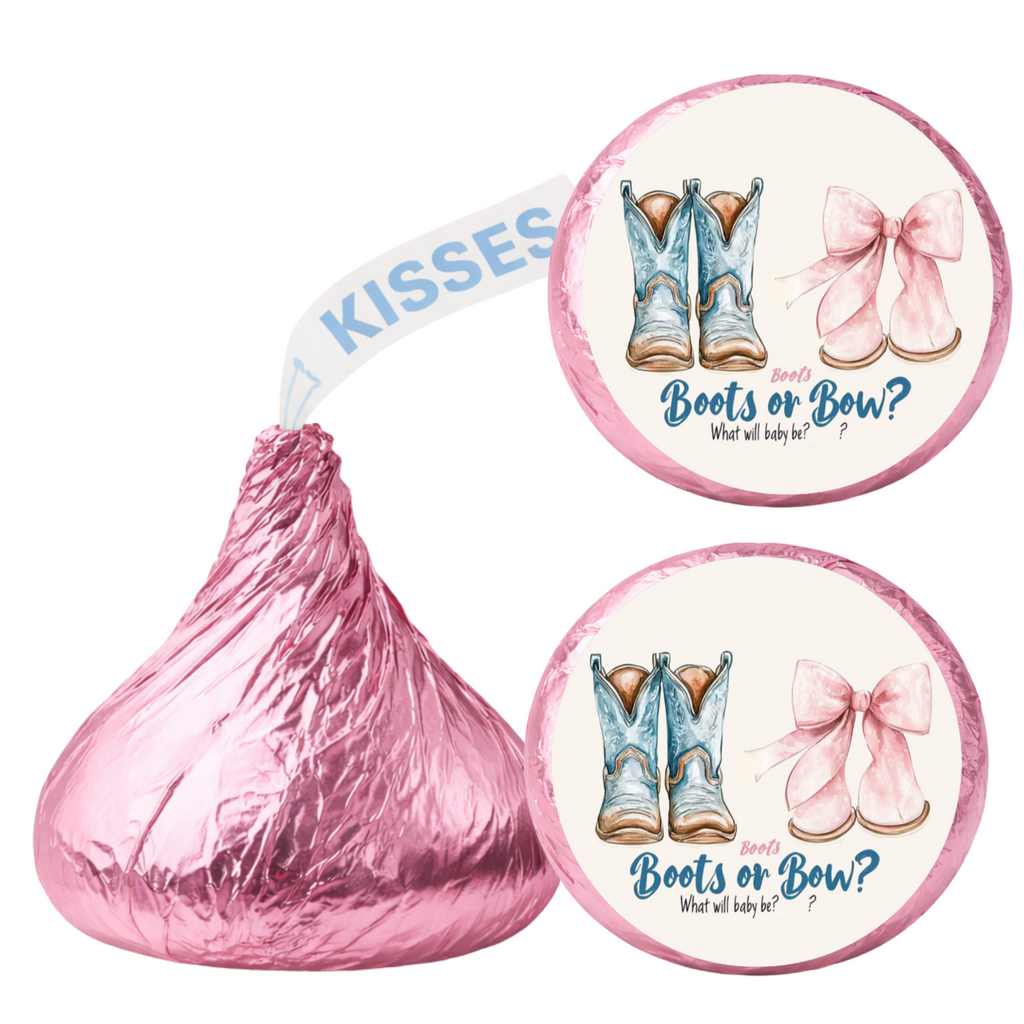 Boots Or Bow Gender Reveal Candy Kiss Stickers|Western Theme|100ct|Glossy|