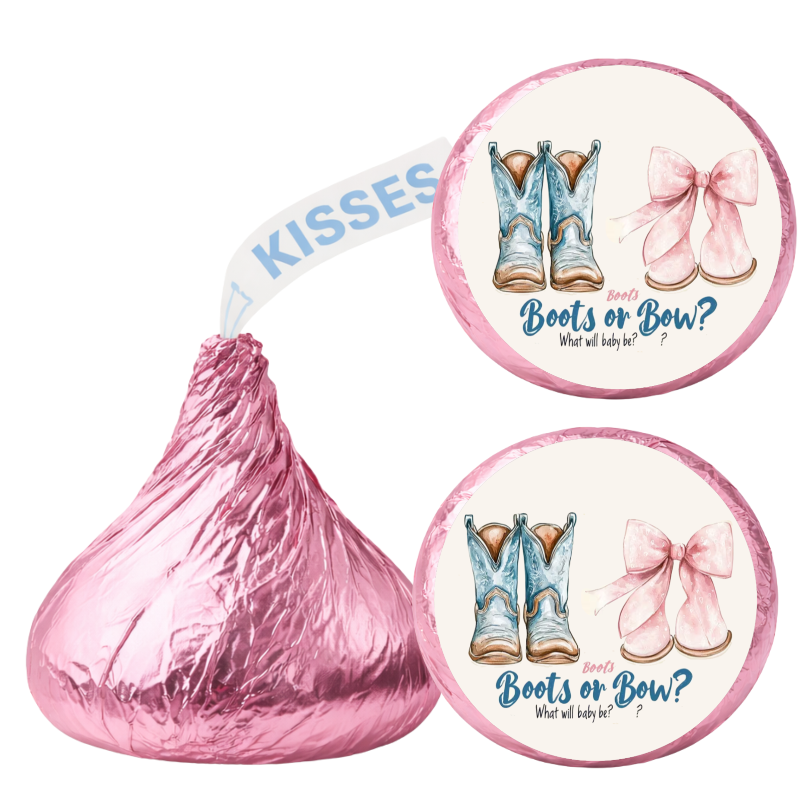 Boots Or Bow Gender Reveal Candy Kiss Stickers|Western Theme|100ct|Glossy|