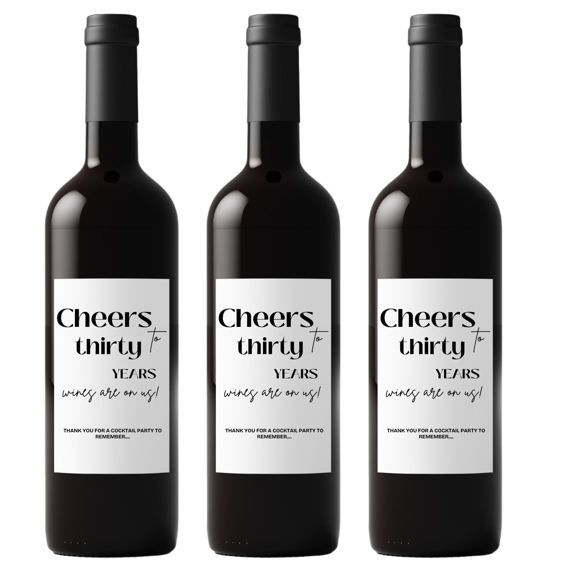 Cheers to 30 Years Wine Bottle Labels | 30th Birthday Party Decor | Glossy Self Adhesive | Set of 4