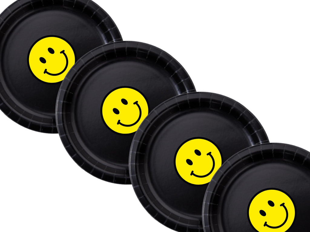 Smiley Face Party Supplies | Black Paper Plates Set | Modern Party Table Decor