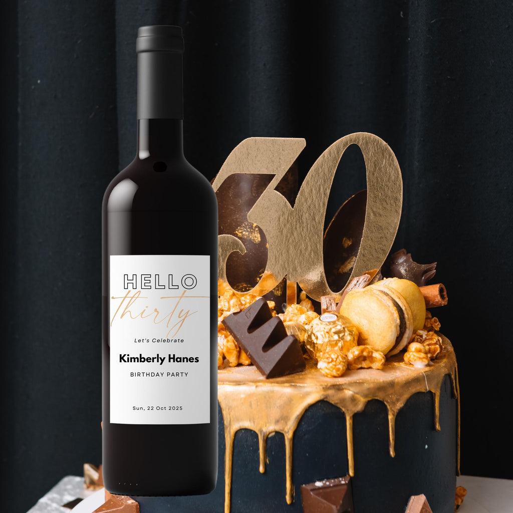 Hello 30 Wine Bottle Labels | 30th Birthday Party Decor | Glossy Self Adhesive | Set of 4