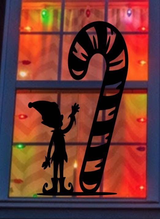 Reusable Elf and Candy Cane Window Decal | Glossy Static Cling| Christmas Window Stickers