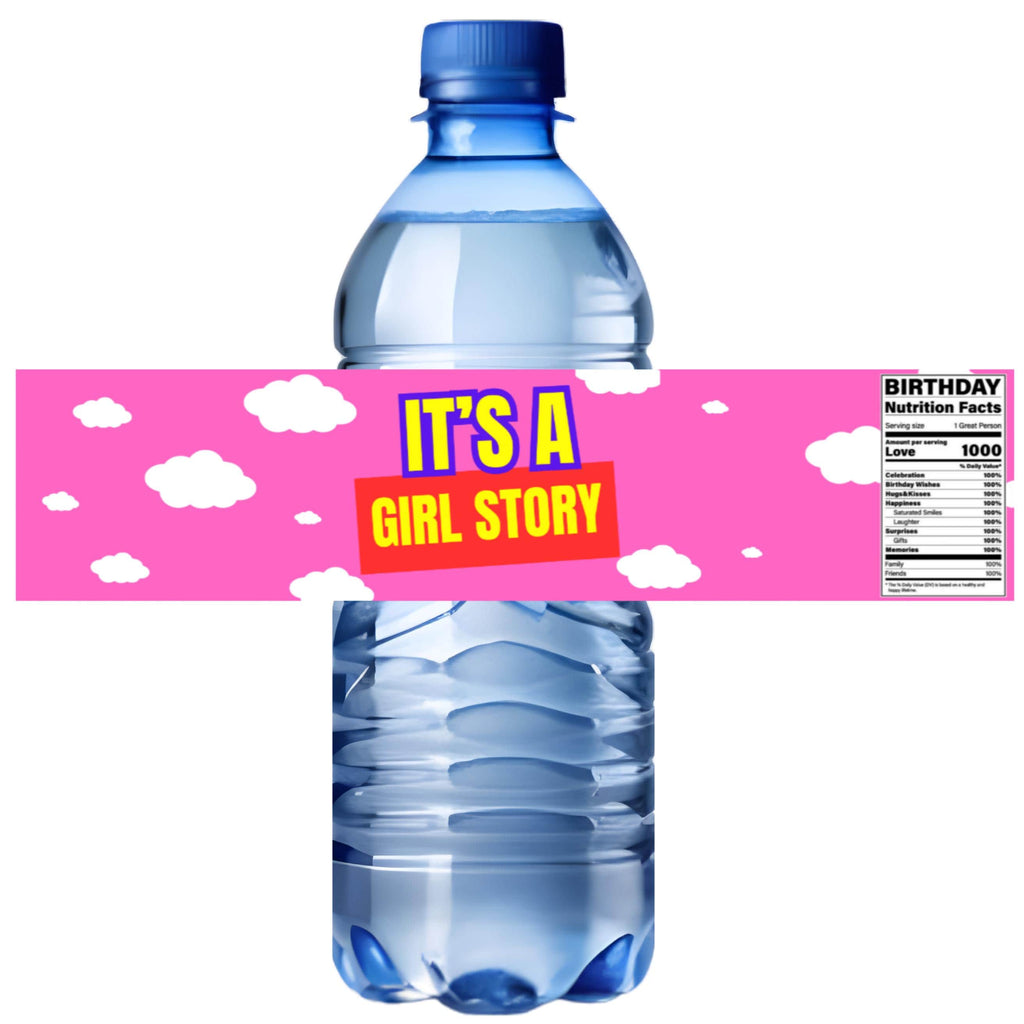 Its A Girl Story Water Bottle Labels | Pink Cloud Party Decor | Set of 12 Bottle Wraps