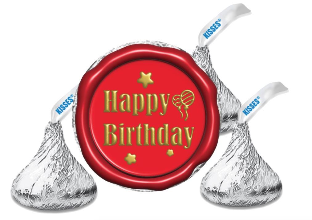 Red and Gold Happy Birthday Mini Candy Labels | Stamp Design | Set of 100