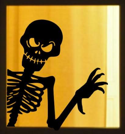 Halloween Peeping Spooky Skeleton Reusable Window Cling Decal, Black Vinyl, Indoor Non-Adhesive Decoration, 13.5 x 11.5 inches