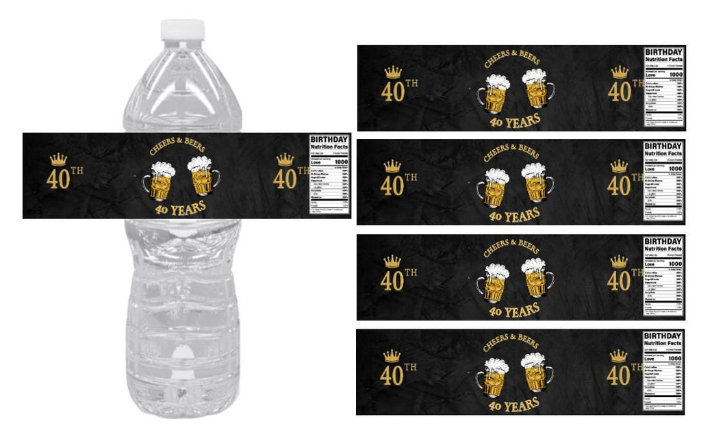 40th Birthday Water Bottle Labels | Set of 12 | Cheers to 40 Years | Party Favors | Black