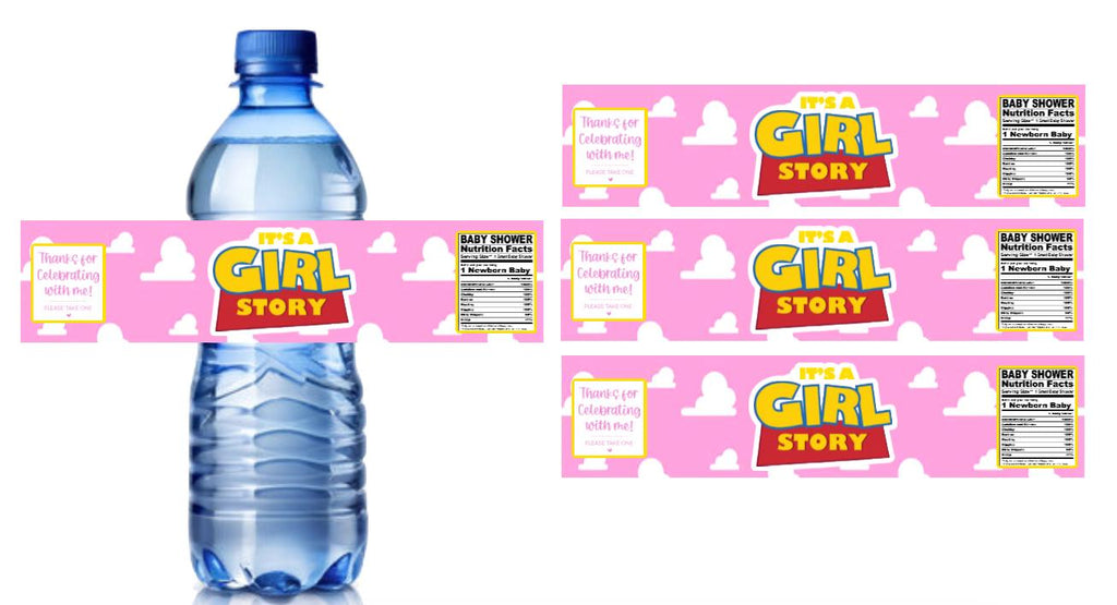 Baby Shower Water Bottle Labels, It's a Girl Story Theme, Pink Cloud Design, 8.5