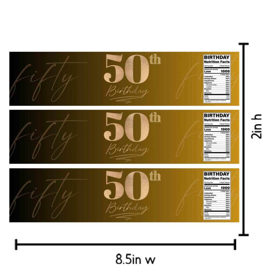 50th Birthday Water Bottle Labels | Fifty Celebration Party Decor | Gold Theme Bottle Wraps | Glossy