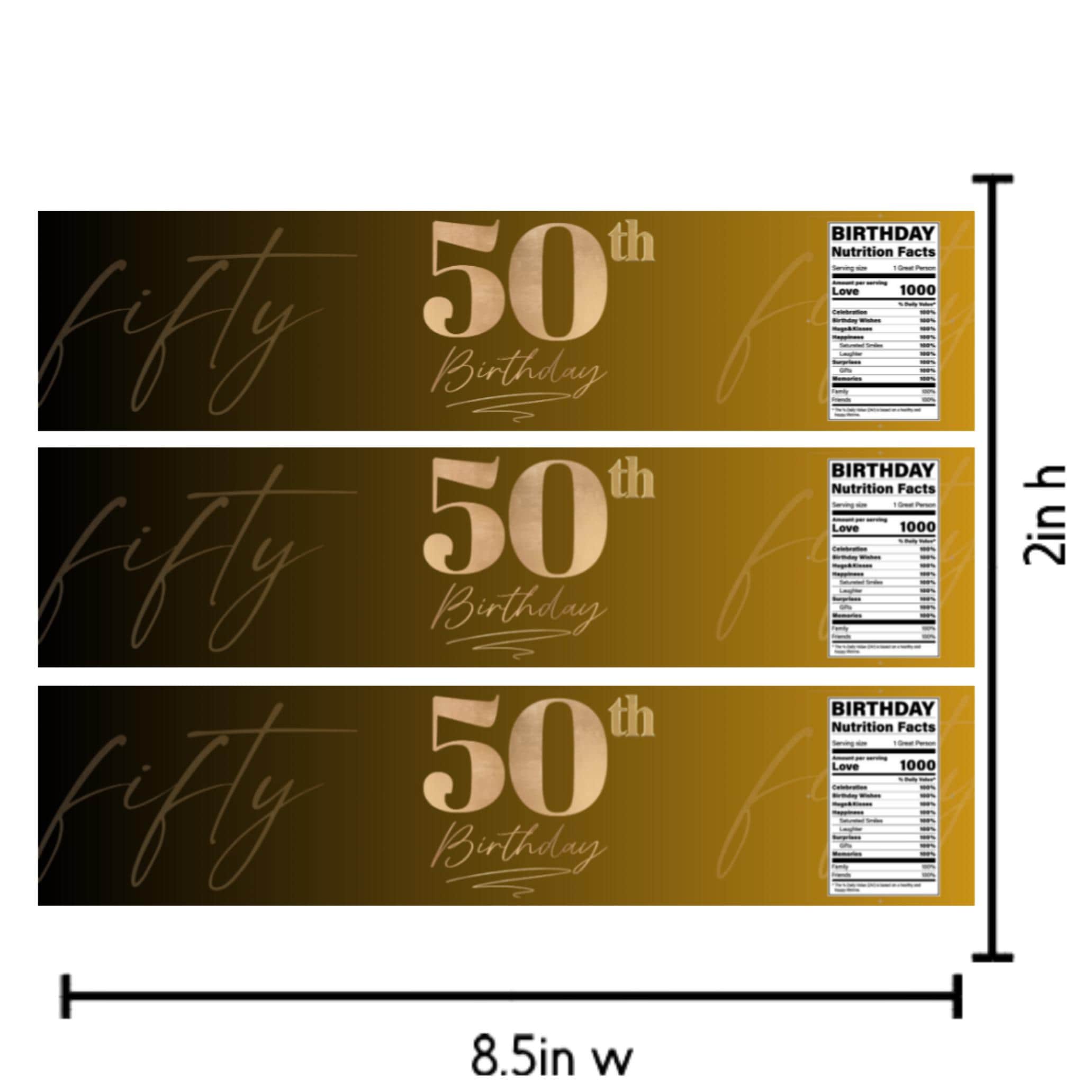 50th Birthday Water Bottle Labels | Fifty Celebration Party Decor | Gold Theme Bottle Wraps | Glossy