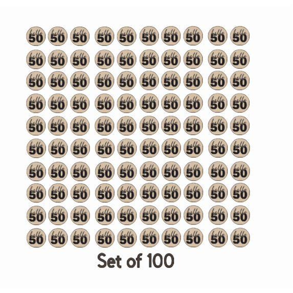 Hello 50 Birthday Chocolate Stickers | 0.75" Round, Set of 100