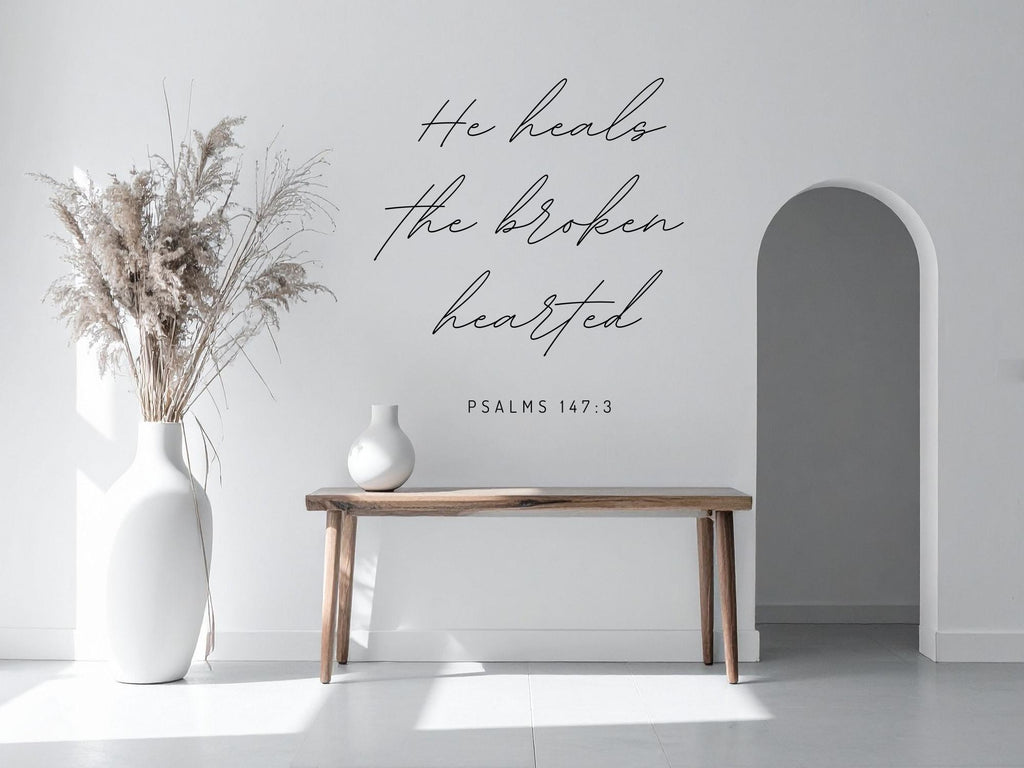 He Heals The Broken Hearted Wall Decal | Inspirational Scripture | Black Vinyl