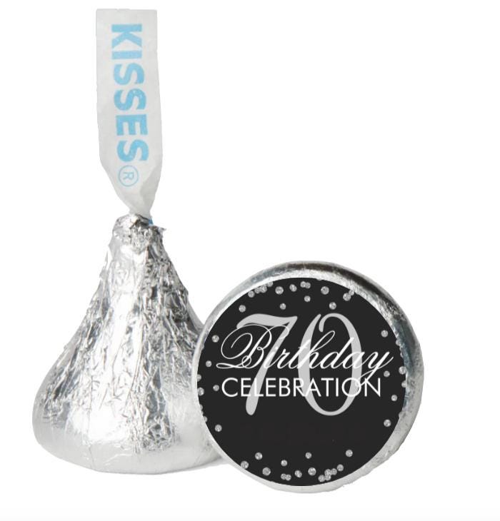 70th Birthday Candy Stickers | Custom Milestone Birthday Theme | 0.75" Glossy Vinyl| 100Ct