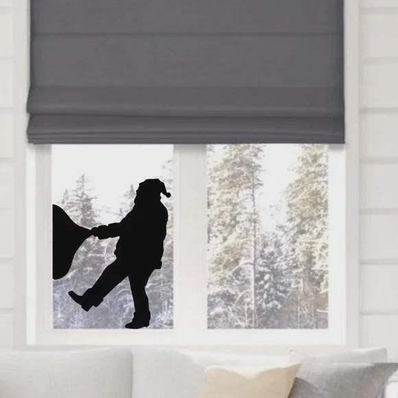 Santa Pulling Heavy Gift Sack Christmas Window Decal | Large Reusable Holiday Cling