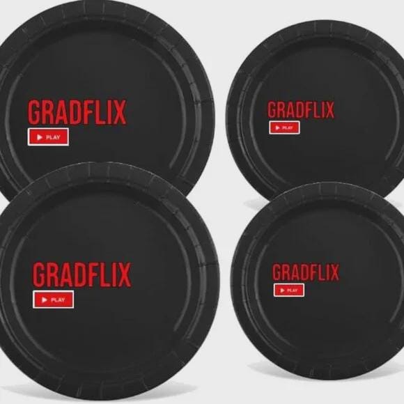 Gradflix Party Paper Supply Set, Black Paper Plates, Napkins and Cups, Movie