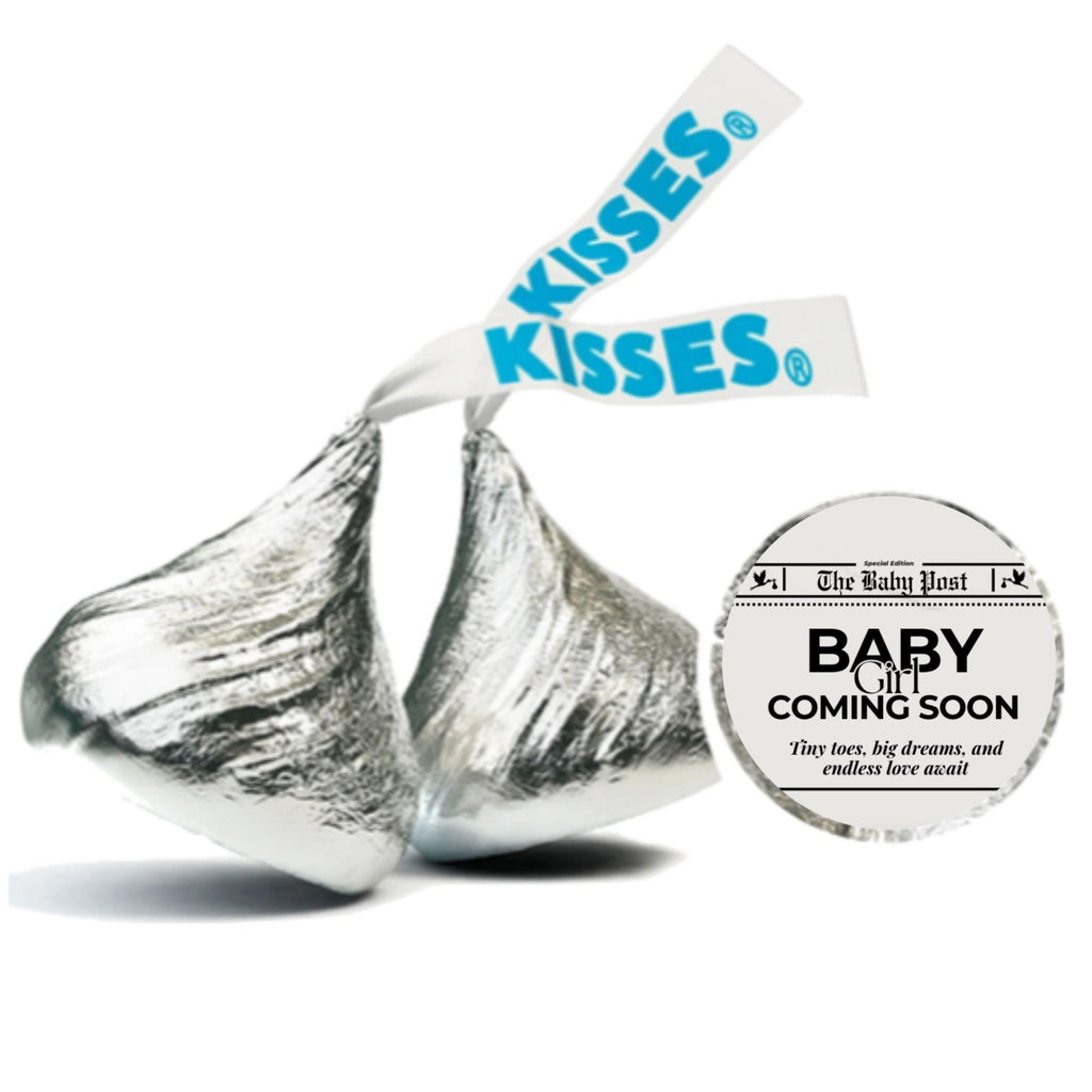 Newspaper Baby Shower Candy Stickers | Baby Coming Soon Labels | 100 Glossy Candy Kiss Stickers |
