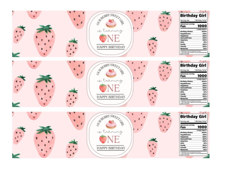 Our Berry Sweet Girl Is Turning 1| Water Bottle Labels |12pcs | Strawberry Party| 1st Birthday