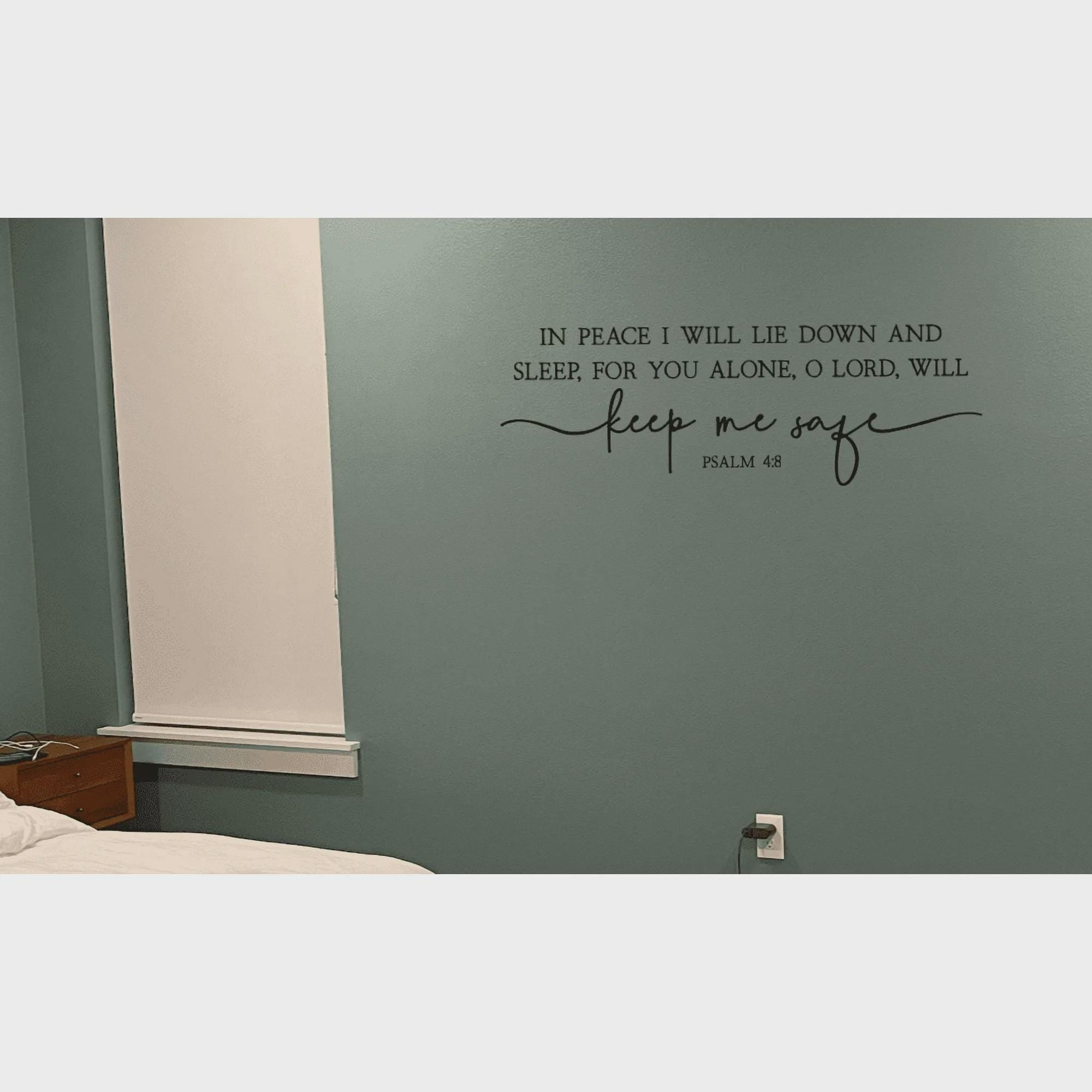 Scripture Wall Decal, Psalm 4:8 Bible Verse Quote, Religious Bedroom Decor, Black Calligraphy Design