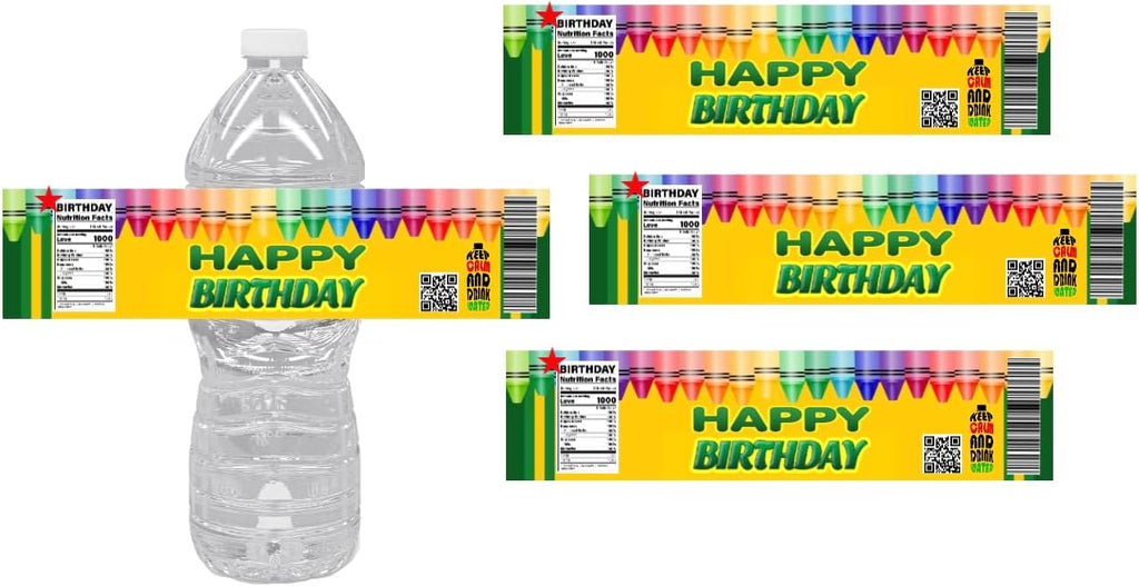 Happy Birthday Water Bottle Labels, Party Decoration Stickers, School Rainbow Crayon Design, 15-Pack, 8.5in w x 2in H