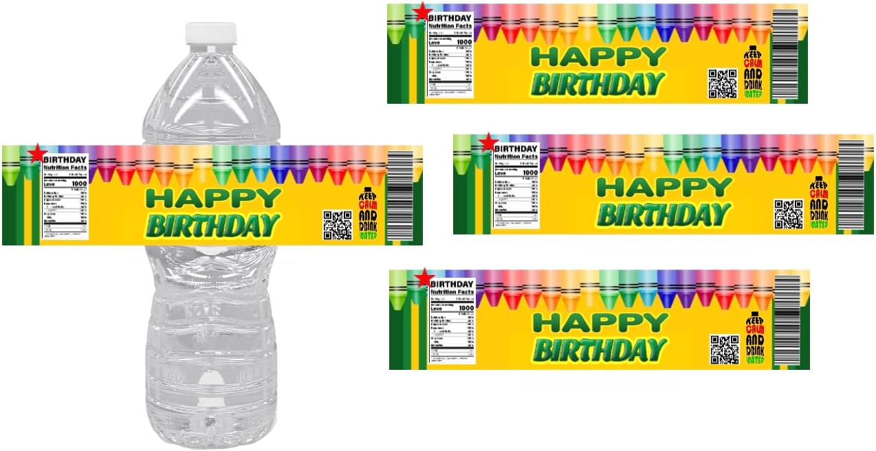 Happy Birthday Water Bottle Labels, Party Decoration Stickers, School Rainbow Crayon Design, 15-Pack, 8.5in w x 2in H