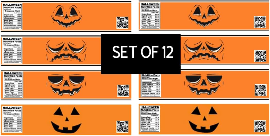 Halloween Water Bottle Labels, Jack O'Lantern Faces Design, Orange Nutrition Facts Theme, Set of 12