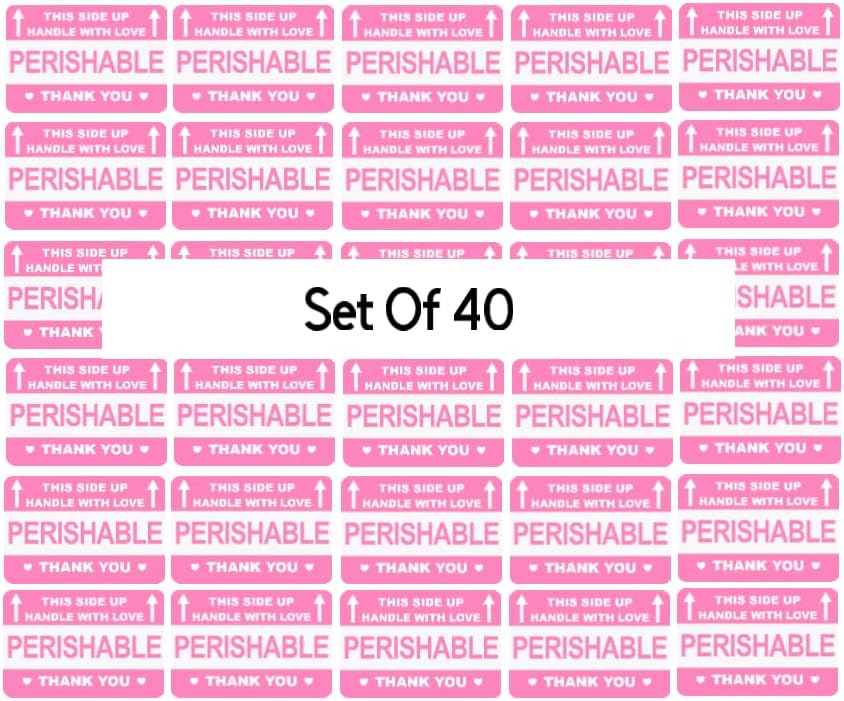 Pink Perishable Shipping Labels, Handle with Love, This Side Up, Set of 40 Stickers, 3in w x 2 in H