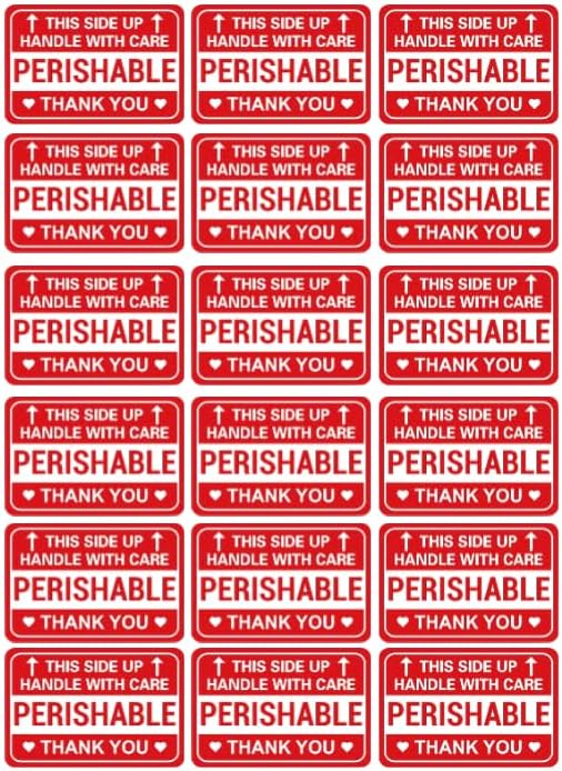 Perishable Shipping Labels, Handle with Care This Side Up, Red and White, Set of 40
