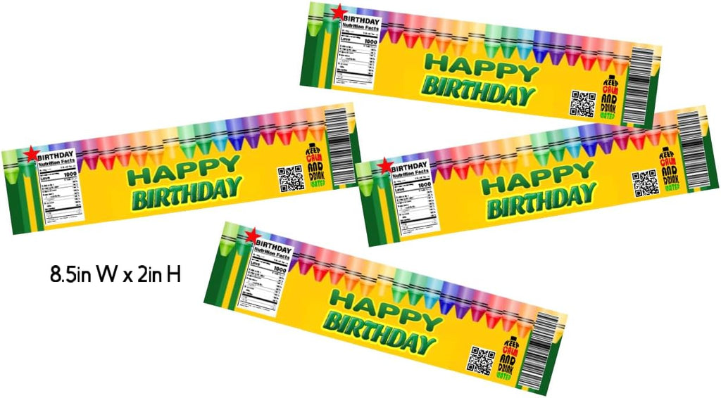 Happy Birthday Water Bottle Labels, Party Decoration Stickers, School Rainbow Crayon Design, 15-Pack, 8.5in w x 2in H