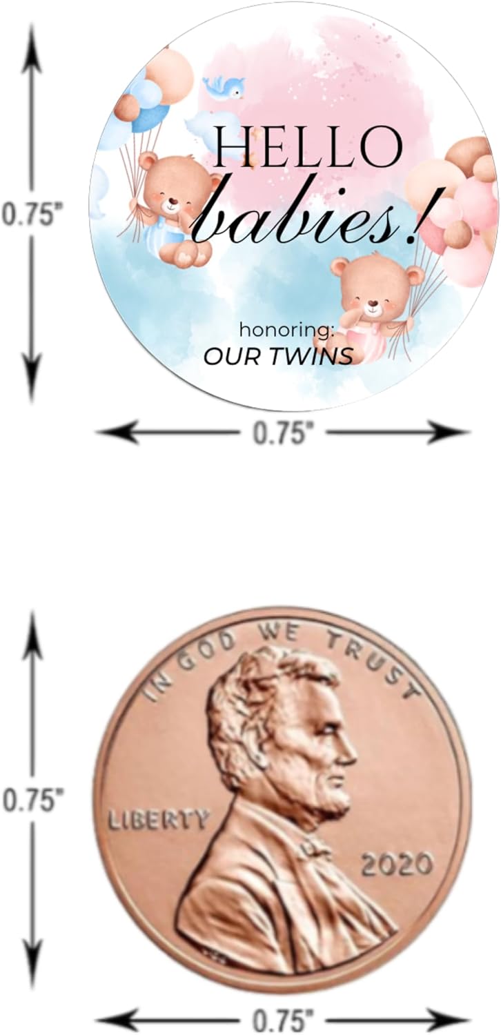 Twin Baby Shower Chocolate Candy Stickers, Hello Babies Theme, Set of 100, 0.75 Inch Round Labels, Pink and Blue Design
