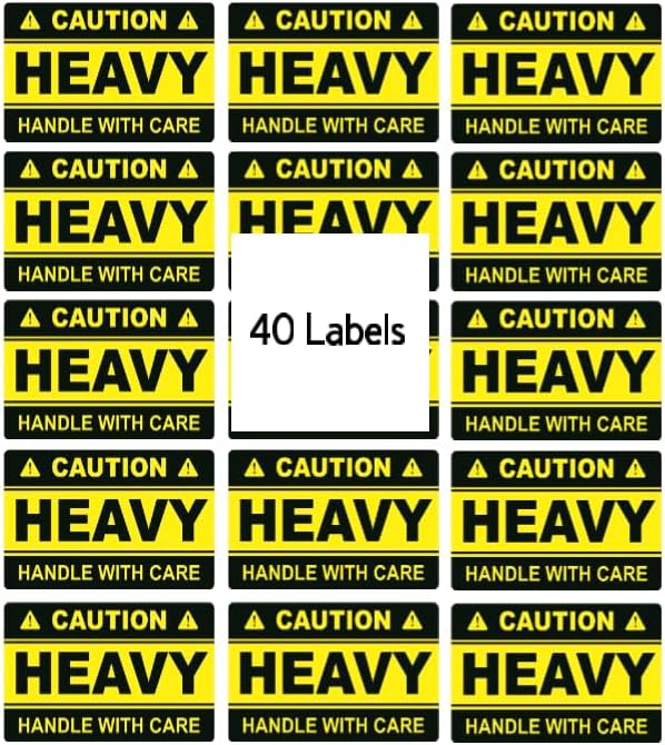 Caution Heavy Handle with Care Warning Labels, 3 x 2 inches, 40 Pack, Black and Yellow