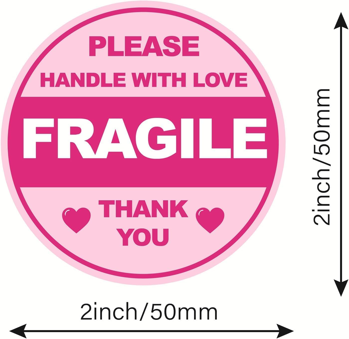 Pink Fragile Shipping Labels, Handle with Love, 2 Inch Round Thank You Stickers