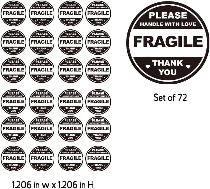 Fragile Handle with Love Shipping Labels, 1.2 inch Round Stickers, Black and White, Set of 72