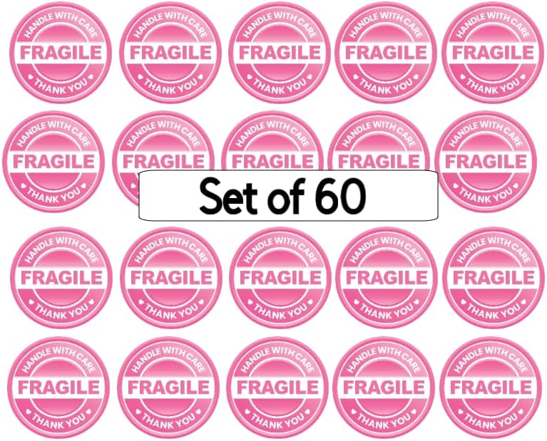 Pink Fragile Handle with Care Shipping Labels, 2 Inch Round Thank You Stickers, Set of 60