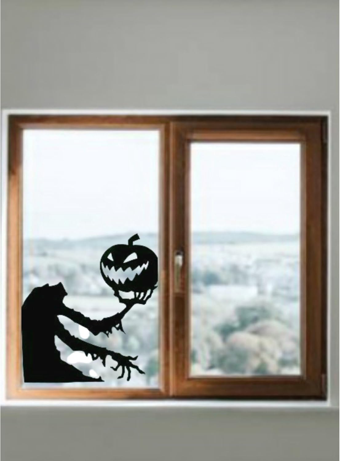 Halloween Window Decal, Spooky Zombie with Pumpkin Design, 23H x 11.5W inches, Black Silhouette