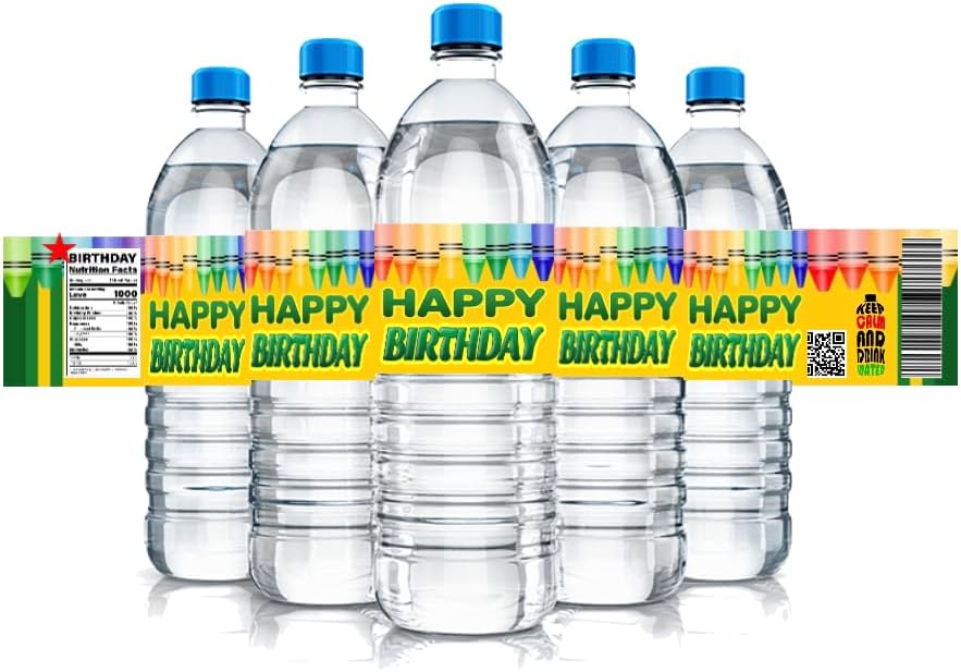 Happy Birthday Water Bottle Labels, Party Decoration Stickers, School Rainbow Crayon Design, 15-Pack, 8.5in w x 2in H