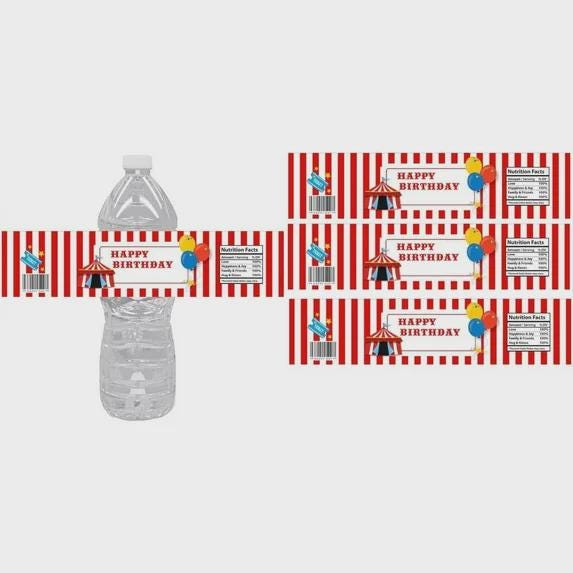 Circus Birthday Water Bottle Labels, Red and White Striped, Set of 15