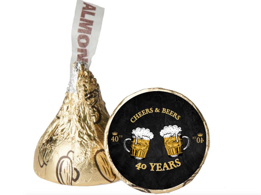 Cheers and Beers to 40 Years| Chocolate Candy kiss Stickers| 100ct| 40th Birthday favors
