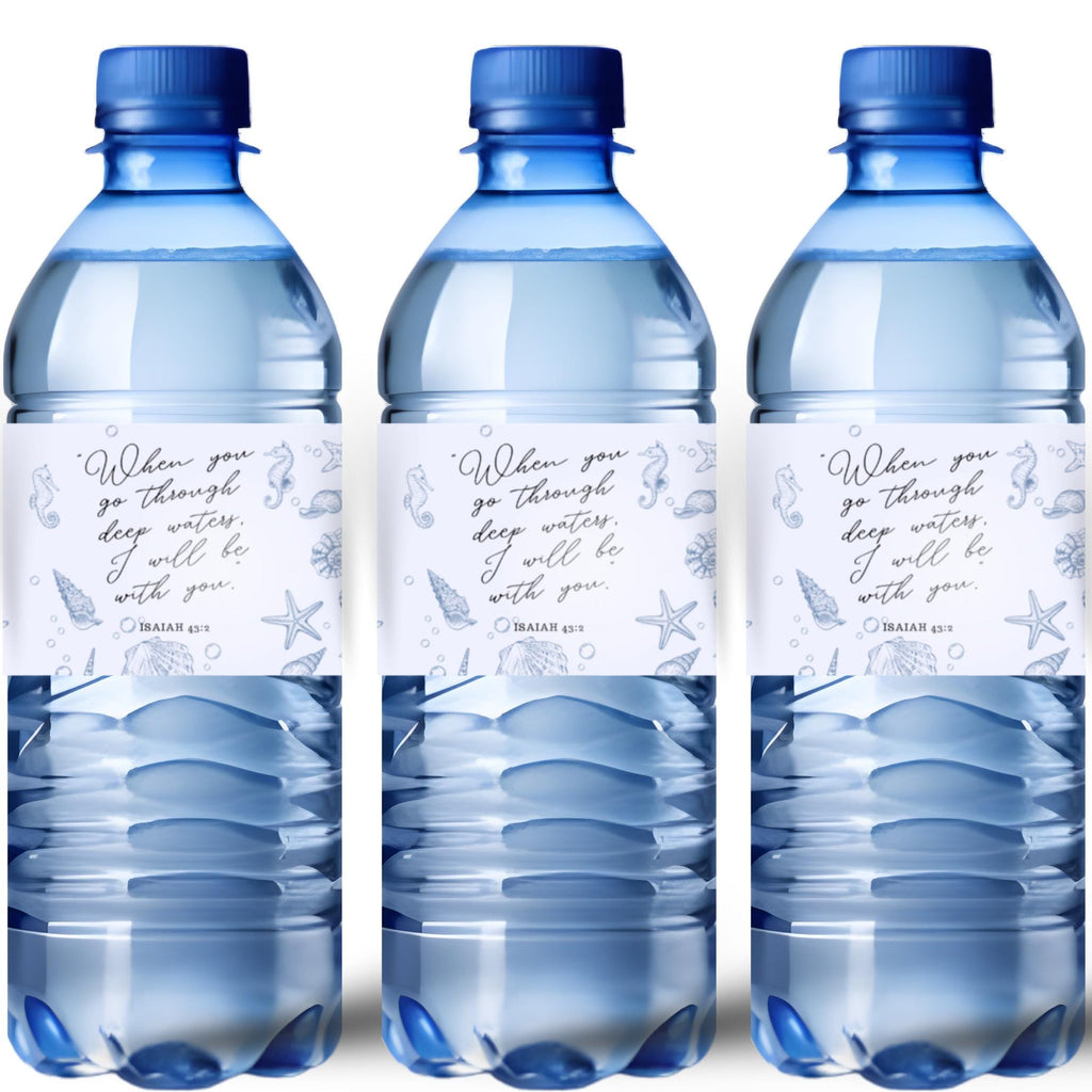 Faith Based Celebration Water Bottle Labels | Inspirational Scripture Favors | Water Bottle Wraps|Glossy|Ocean Theme