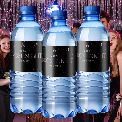 2026 Prom Night Water Bottle Labels | Black Pink Balloon Party Decor | Set of 12|Celebration Table favors