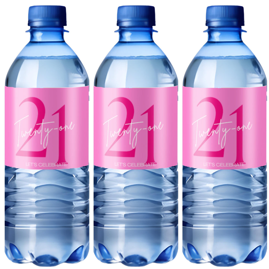 21st Birthday Water Bottle Labels | Pink Party Theme | Twenty One Lets Celebrate | Set of 12| Table Accents