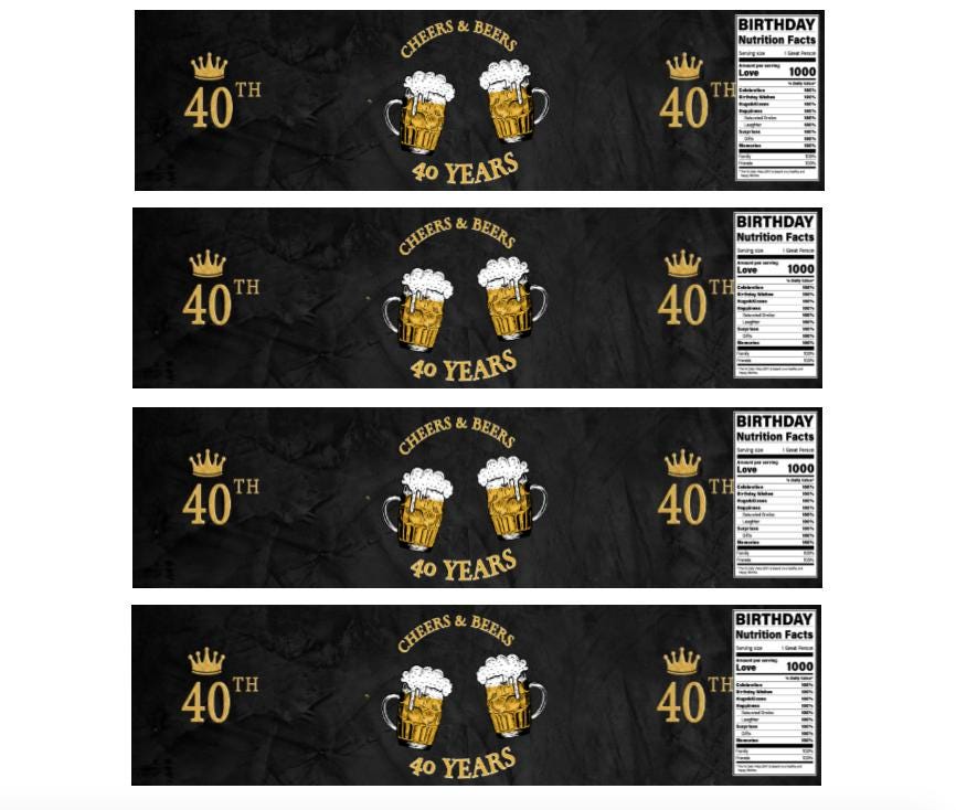 40th Birthday Water Bottle Labels | Set of 12 | Cheers to 40 Years | Party Favors | Black
