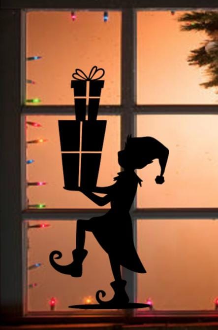 Large Elf Holiday Window Decal | Carrying Christmas Gifts Silhouette | Indoor Static Cling Vinyl