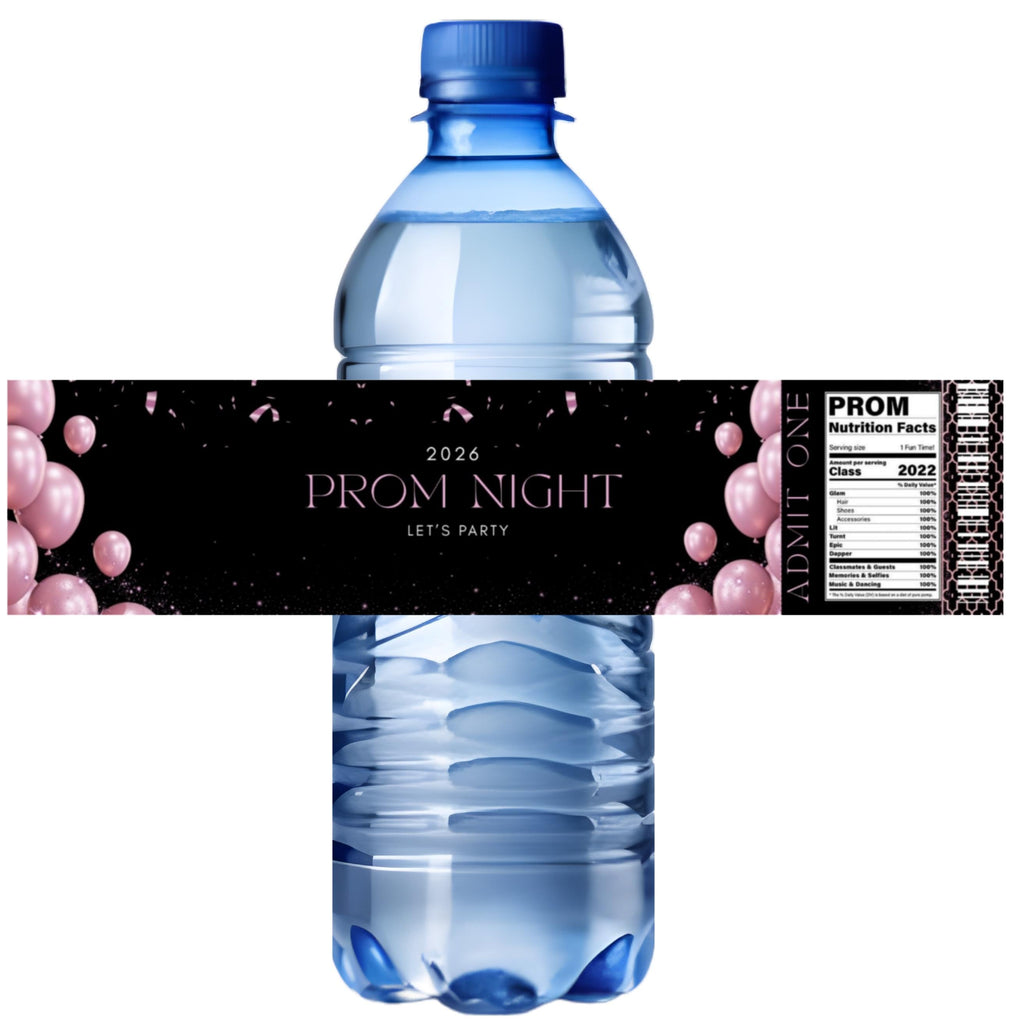 2026 Prom Night Water Bottle Labels | Black Pink Balloon Party Decor | Set of 12|Celebration Table favors