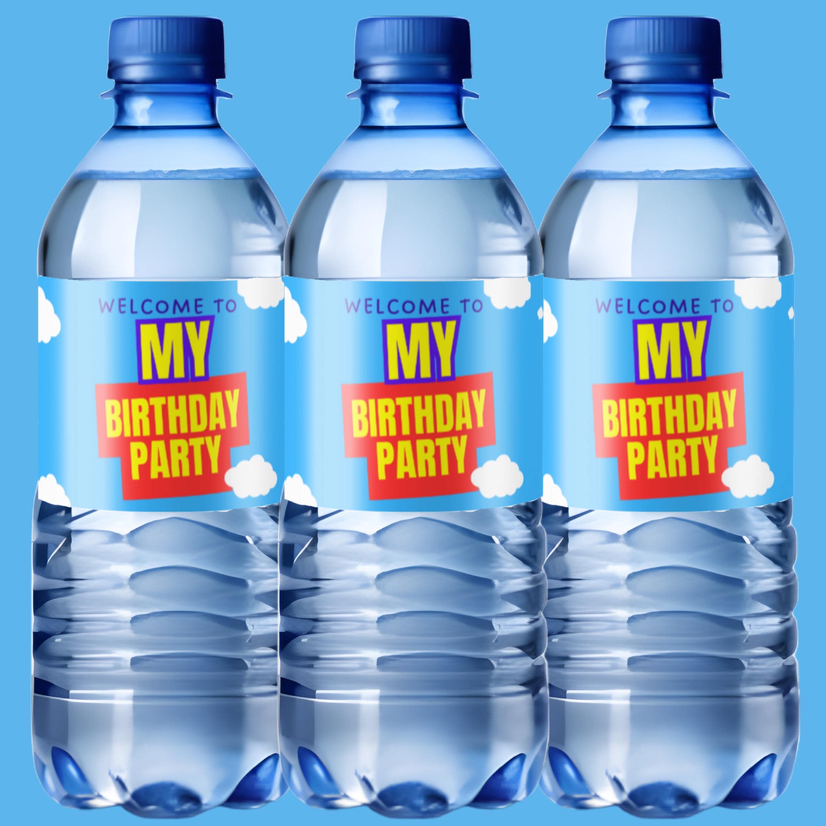 Its My Birthday Party Water Bottle Labels | Blue White Cloud Theme | Set of 12|Glossy| Birthday Favors